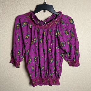 Free People Womens XS Purple Floral Wool Cashmere Blend Smocked Top 3/4 Sleeve